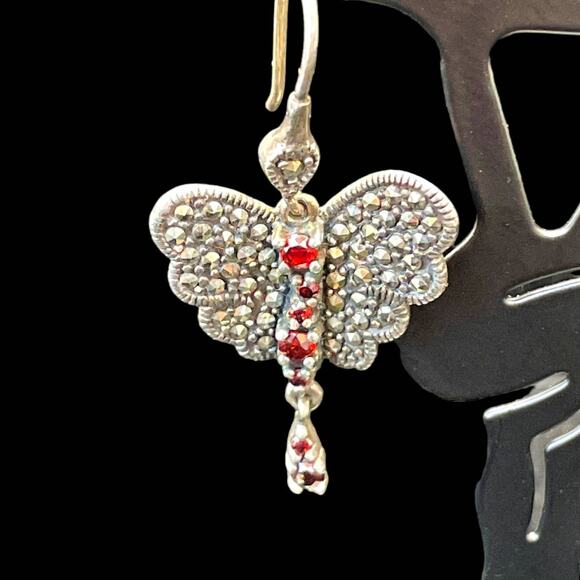 Sterling Silver Butterfly Red Rhinestone Drop Earrings Dangle - Picture 2 of 4